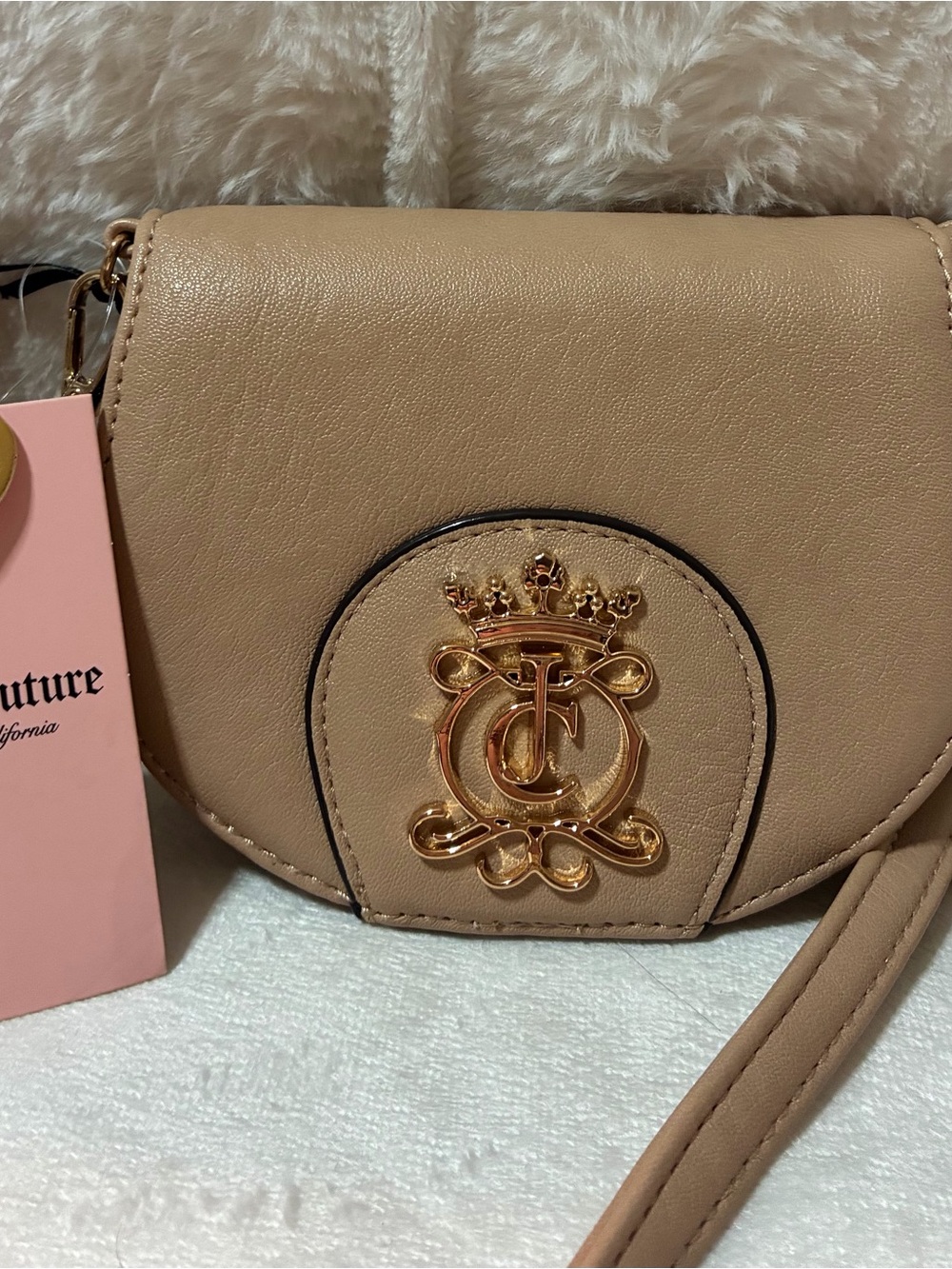Juicy Couture Tan Crossbody with Gold Crest Emblem